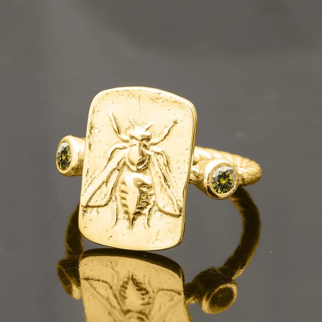 Vermeil Ancient Coin Silver caste Ring Handmade Women Pinky Ring Gift Diamond Cut Cubic 3mm Zirconia Ring Honey Bee Signet Ring 925 Sterling Silver Rope Twist Ring 24K Gold 