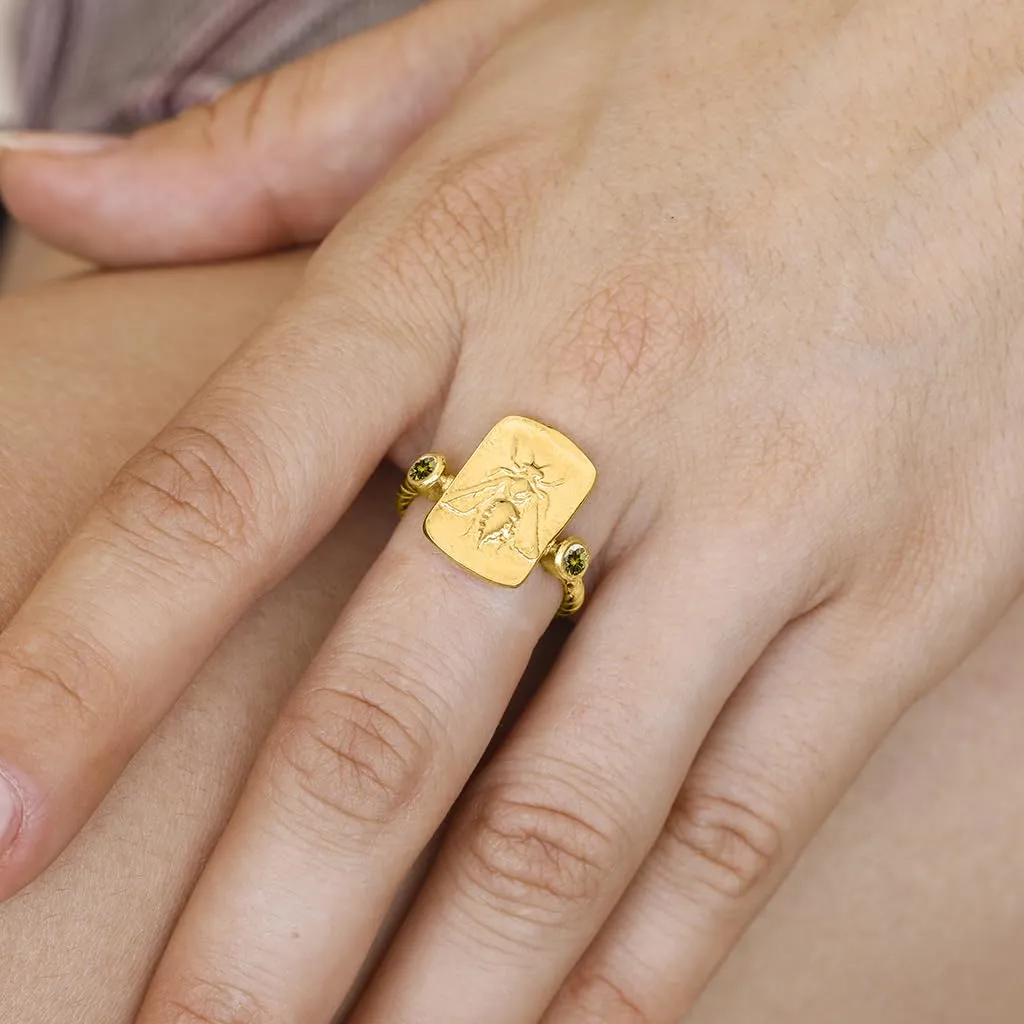 Vermeil Ancient Coin Silver caste Ring Handmade Women Pinky Ring Gift Diamond Cut Cubic 3mm Zirconia Ring Honey Bee Signet Ring 925 Sterling Silver Rope Twist Ring 24K Gold 