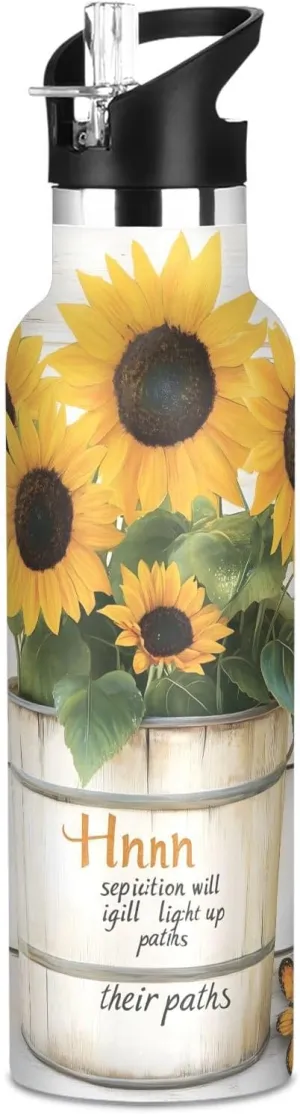 Wall 304 Stainless Steel Water Flask melodious semiotics tentative lumber School Bottle,Beautiful Potted Sunflowers Boys Water Bottle with Straw Reusable Tumbler for Toddlers 20oz Kids Insulated Cups Leak Proof Double 