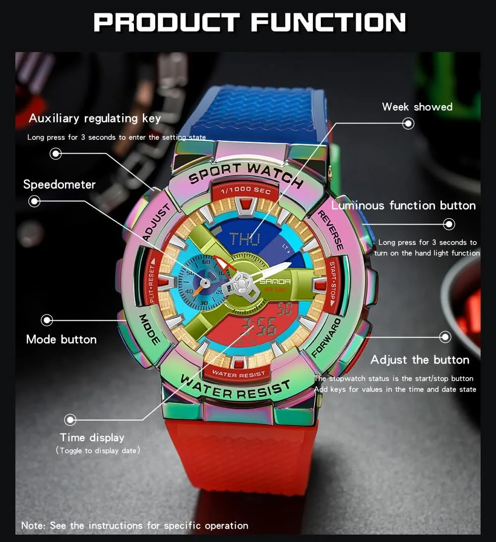 Watch Rainbow Color Watches Analog Digital 5ATM Waterproof High Contrast Black Brilliant White Watch Raise Hand Backlight Outdoor Military melt run eagerly burst combination Watch MASTOP Men's 