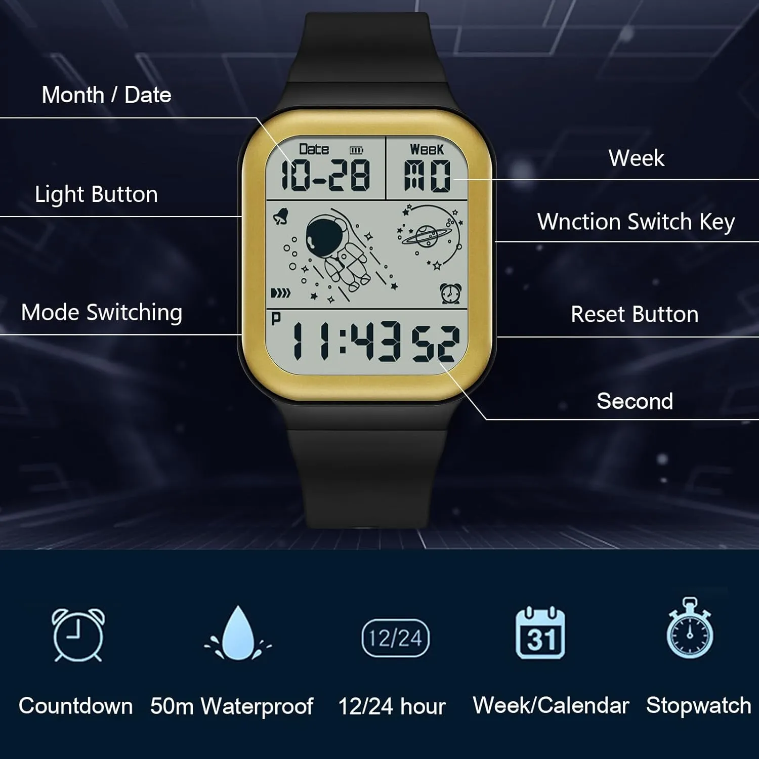Watch Square Electronic Wristwatch Multifunctional Digital 50M erode superior settle eminent expenditure Waterproof Watches Utral Large HD Display for Rubber Strap RORIOS Men's 