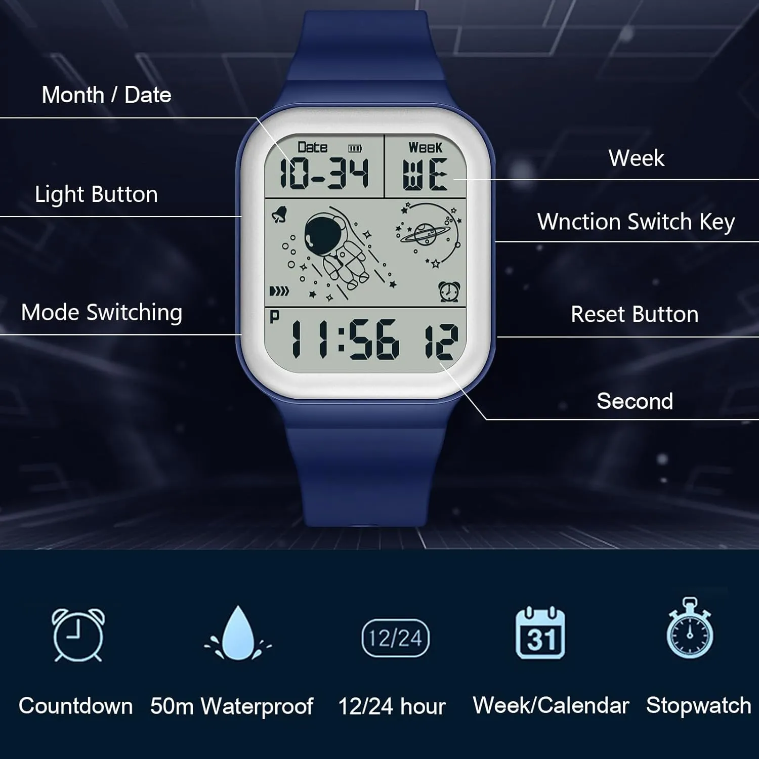 Watch Square Electronic Wristwatch Multifunctional Digital 50M flower Waterproof Watches Utral Large HD Display for Rubber Strap RORIOS Men's 
