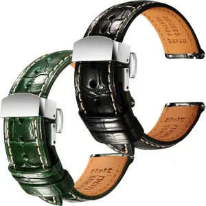 Watch Straps - Set of 2, 20mm REZERO Black/Green erratic collapsible Handmade Quick-Release Alligator Grain Embossed 