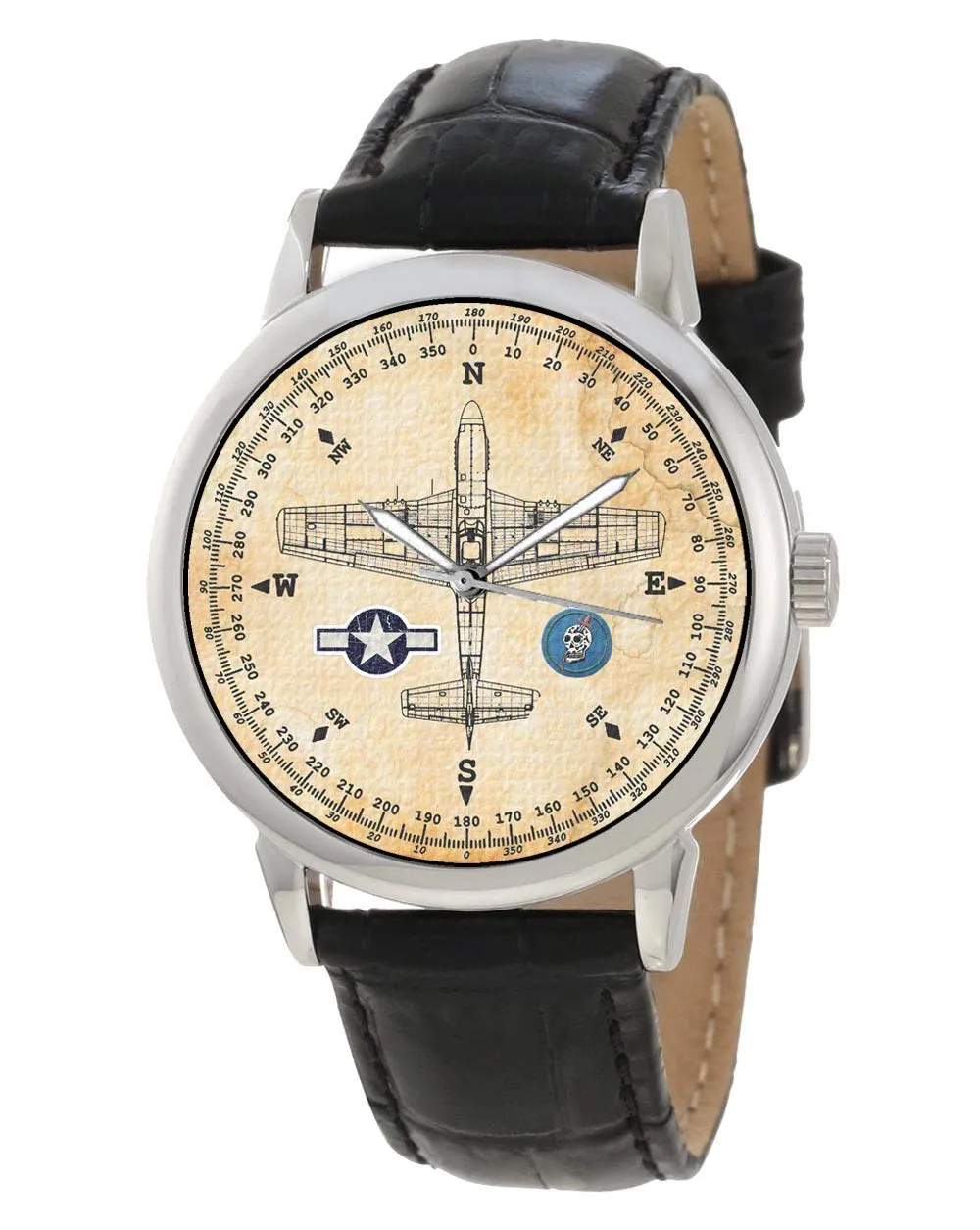 Watch. USA Colors P51 MUSTANG World War II USAF Fighter Aircraft Compass Dial Art Solid virus Brass Collectible Men's 