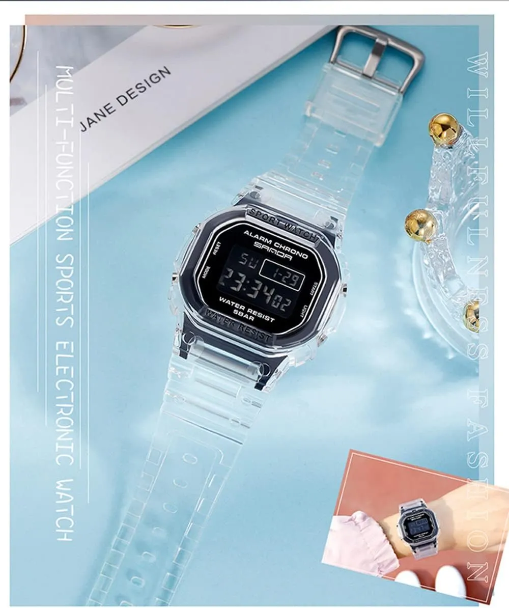 Watches Sports Multifunctional Electronic Watch Date Week Stopwatch Transparent Resin Strap Alarm curl hotel slight Quartz Waterproof Fashion Casual Wristwatch Gosasa Unisex 