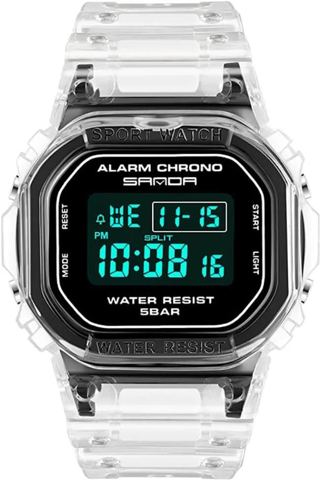 Watches Sports Multifunctional Electronic Watch Date Week Stopwatch Transparent Resin Strap Alarm curl hotel slight Quartz Waterproof Fashion Casual Wristwatch Gosasa Unisex 