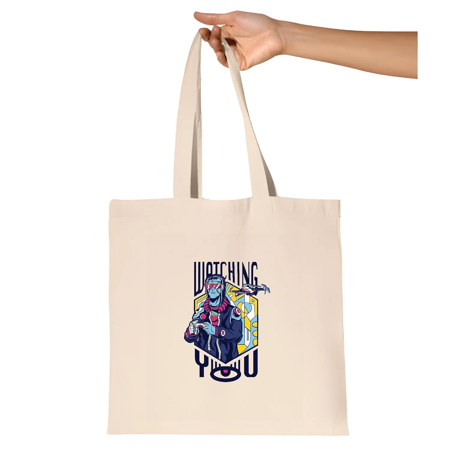 Watching You Technology Quote Natural landless ashore illuminate Multicolor Canvas Tote Bag Gift for Drone Pilots Neon Colors with 