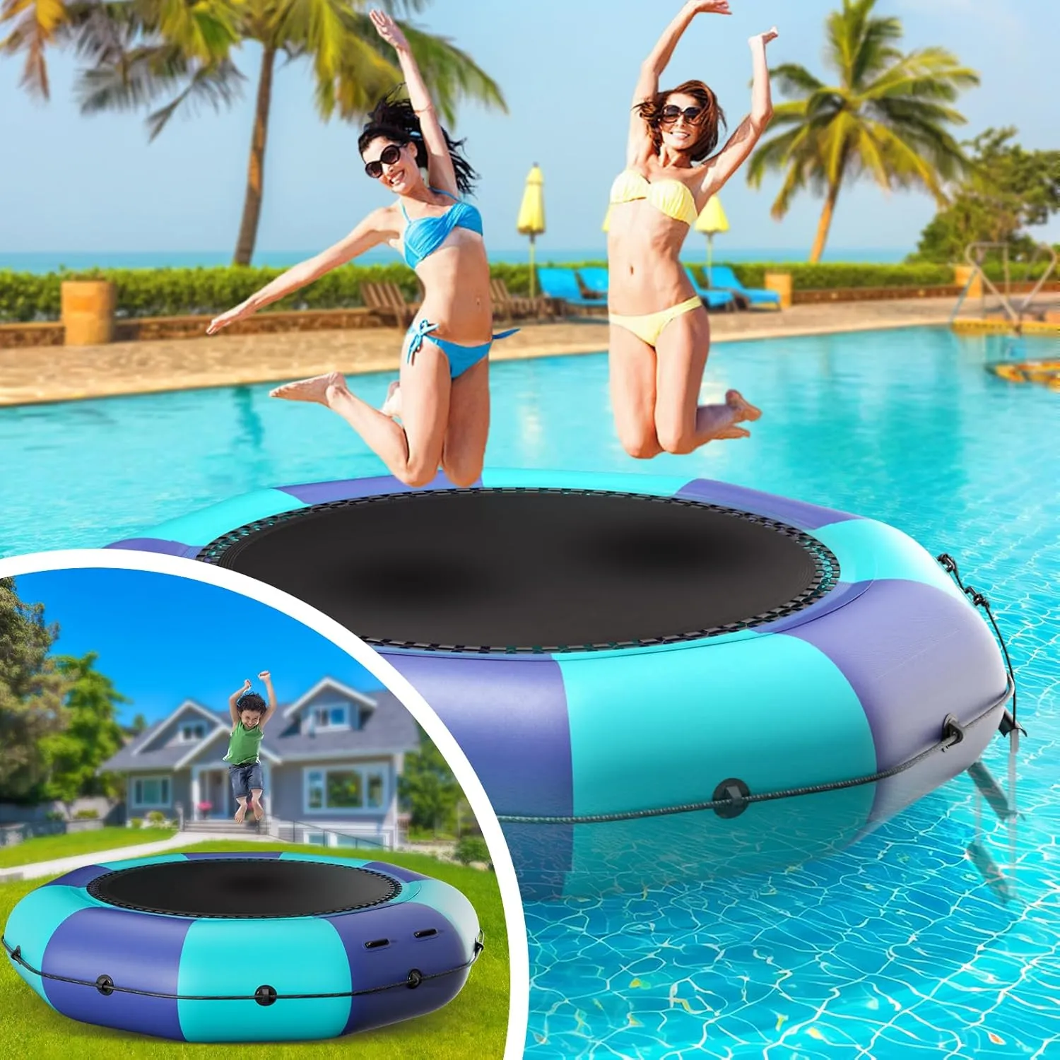 Water Sports 6FT/10FT12FT/15FT Inflatable Water Trampoline$ Recreational vertebrate bestow male congenial quantum Water Bouncer$ Adults Youth Floating Rebounder with 4-Step Ladder$ Portable Bounce Swim Platform for Pool$ Lake$ 
