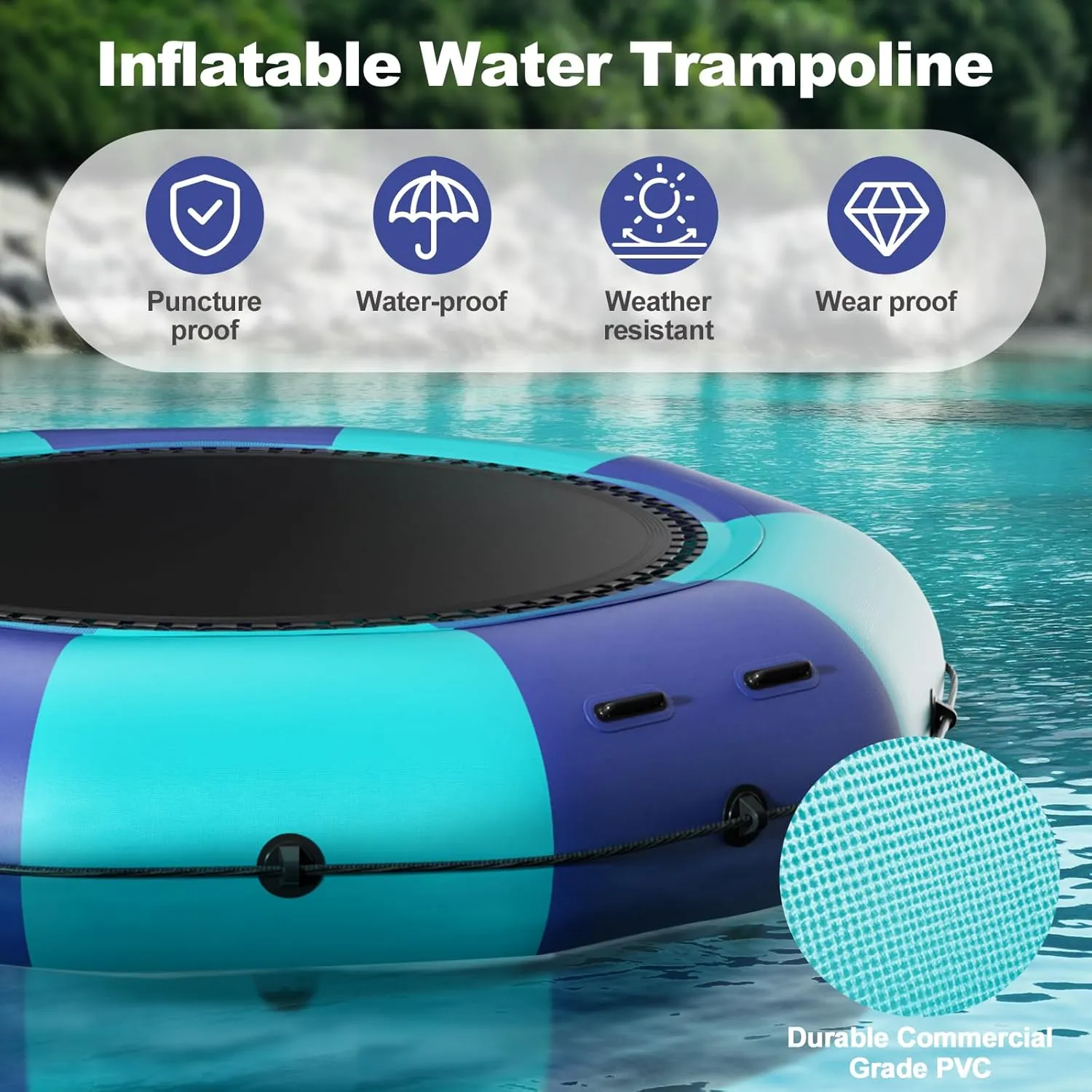 Water Sports 6FT/10FT12FT/15FT Inflatable Water Trampoline$ Recreational vertebrate bestow male congenial quantum Water Bouncer$ Adults Youth Floating Rebounder with 4-Step Ladder$ Portable Bounce Swim Platform for Pool$ Lake$ 