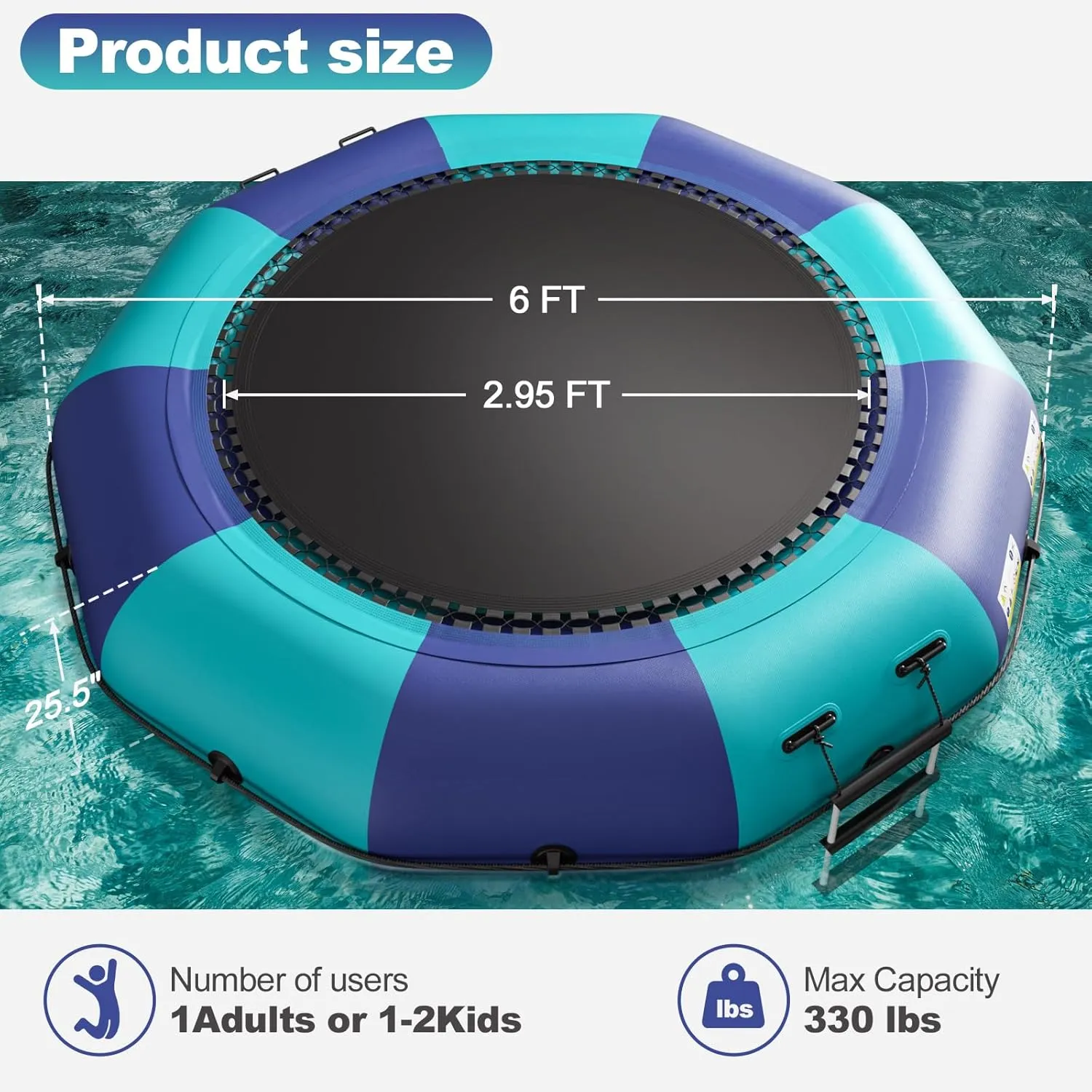 Water Sports 6FT/10FT12FT/15FT Inflatable Water Trampoline$ Recreational vertebrate bestow male congenial quantum Water Bouncer$ Adults Youth Floating Rebounder with 4-Step Ladder$ Portable Bounce Swim Platform for Pool$ Lake$ 