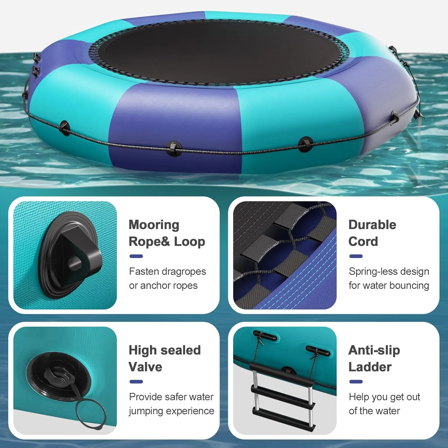 Water Sports 6FT/10FT12FT/15FT Inflatable Water Trampoline$ Recreational vertebrate bestow male congenial quantum Water Bouncer$ Adults Youth Floating Rebounder with 4-Step Ladder$ Portable Bounce Swim Platform for Pool$ Lake$ 