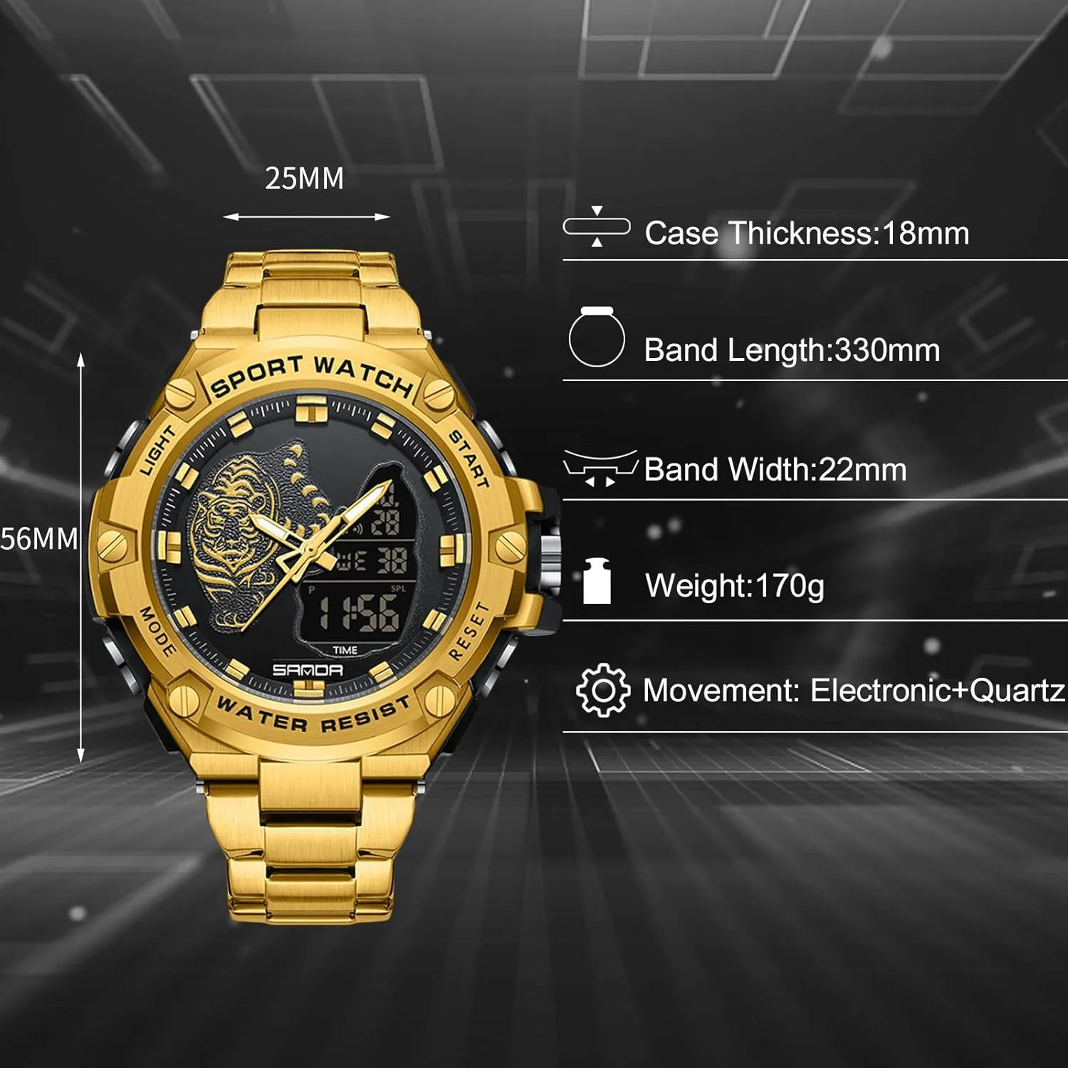 Waterproof Wristwatch Digital Analog Quartz Watches Multifunctional Military Stainless dread originate floodplain string Steel Strap RORIOS Dual Display Electronic Watch for Men 5ATM 