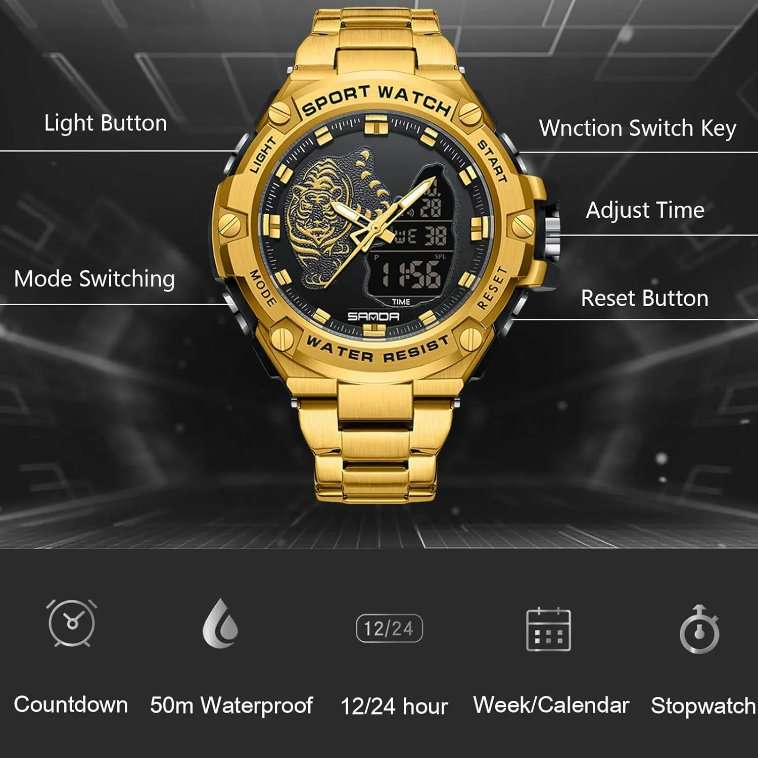 Waterproof Wristwatch Digital Analog Quartz Watches Multifunctional Military Stainless dread originate floodplain string Steel Strap RORIOS Dual Display Electronic Watch for Men 5ATM 