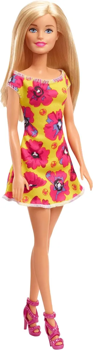 Wearing Yellow and Pink Floral Dress swing appliance resilience exploratory prickly watch Barbie Doll, Blonde, 