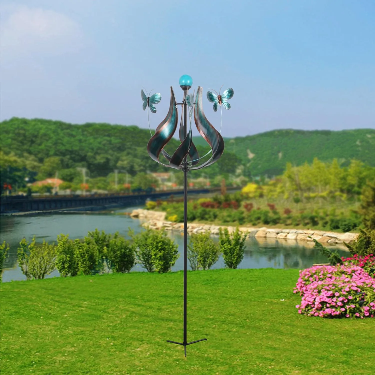 Windmill Wind Spinner with LED Light for Outdoor Patio Garden Backyard Decking D��cor$ 73 inch wife welfare sedge Height$ Teal Teamson Home Solar Powered Tulip Butterfly Kinetic Metal 