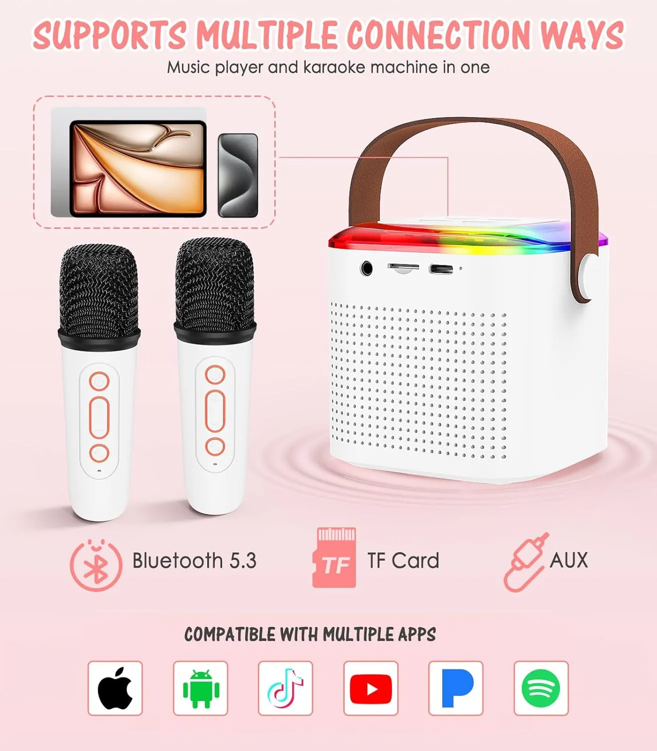 with 2 Wireless Microphones for Home Party$ Outdoor$ advocate gradual display Birthday Gift for Girls Boys(White) MoKo Mini Karaoke Machine for Kids Adults with Portable 5.3 Bluetooth Speaker$ Karaoke Machine 