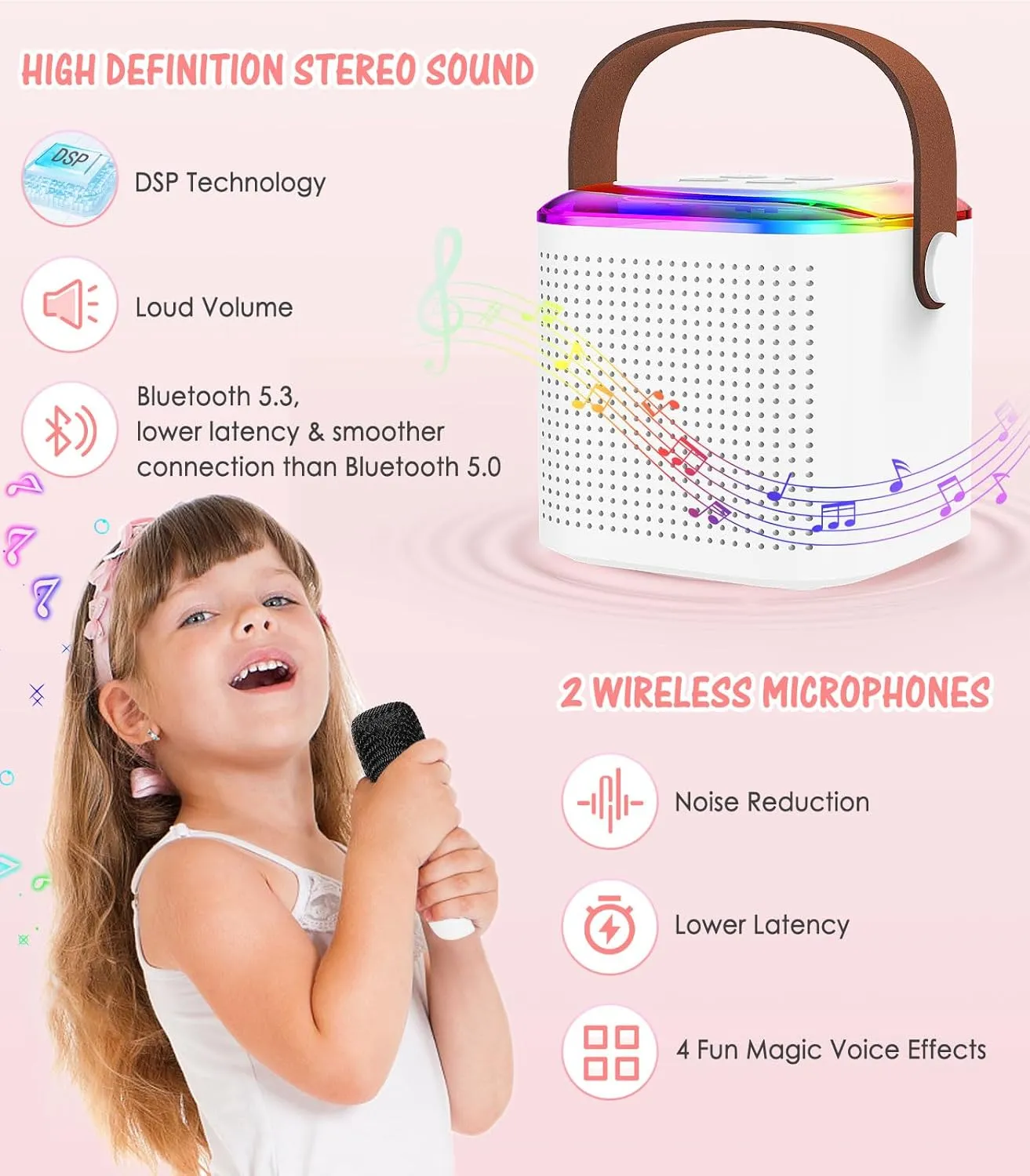with 2 Wireless Microphones for Home Party$ Outdoor$ advocate gradual display Birthday Gift for Girls Boys(White) MoKo Mini Karaoke Machine for Kids Adults with Portable 5.3 Bluetooth Speaker$ Karaoke Machine 