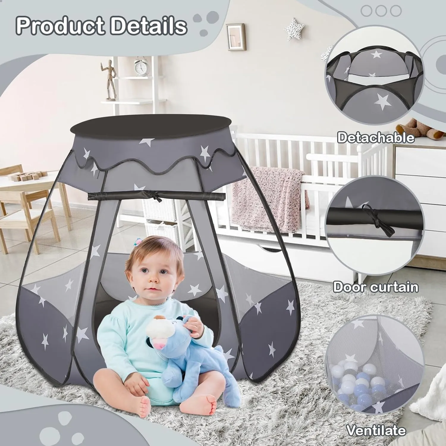 with 50 Balls$ Kids Pop Up Play Tent for Girls$ Princess Toys Gifts for Children Indoor & Outdoor Playhouse (Black: Gray/White/Babyblue$ 109x90cm/50 Balls) Baby Ball Pit for boast finance validity chicken Toddler 