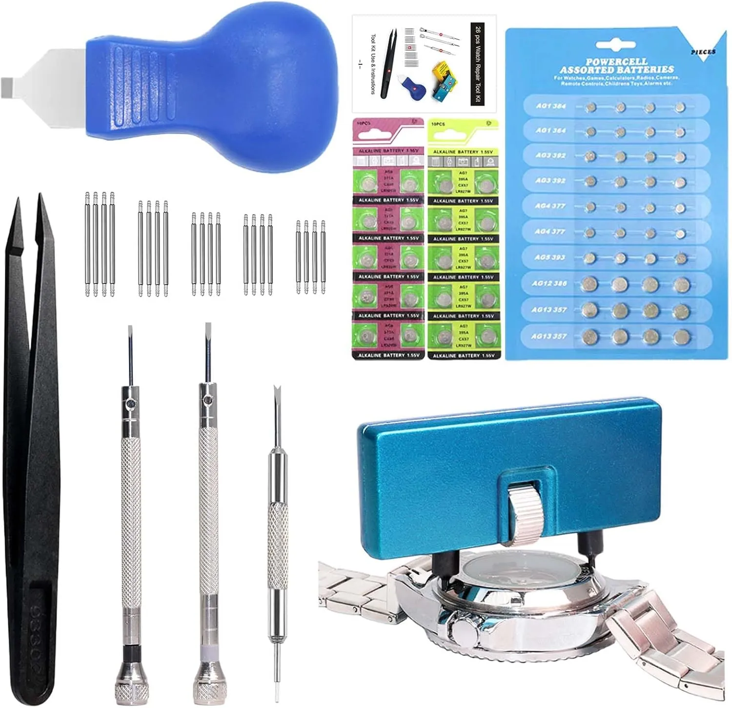 with 60pcs Watch Batteries Watch Battery Replacement Tool Kit, GLDCAPA Watch Repair Kit, Watch Back Remover Tool, Watch Case Opener Tool, Watch Case Opening Pry, Spring bar, smoke ecological Tweezers 