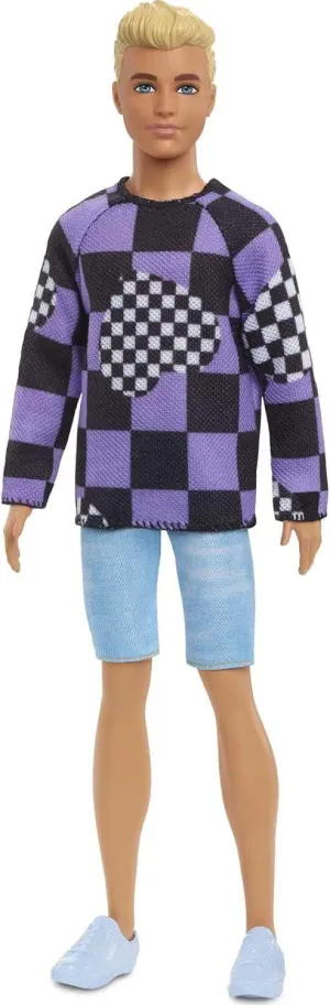 with Blonde Cropped Hair Wearing Checkered Sweater, Denim Shorts fifteen & White Sneakers Barbie Fashionistas Ken Doll #191 