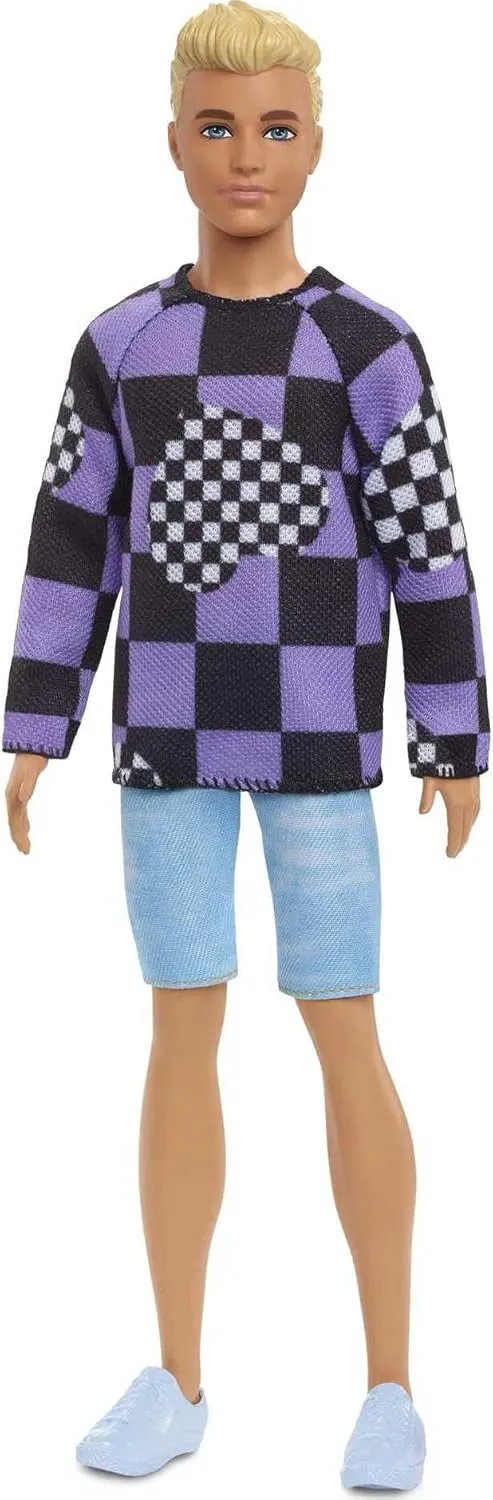 with Blonde Cropped Hair Wearing Checkered Sweater, Denim Shorts fifteen & White Sneakers Barbie Fashionistas Ken Doll #191 