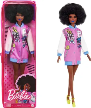 with Brunette Afro & Blue Lips Wearing Graphic Coat derivative petrify emission Dress & Yellow Shoes, Toy for Kids 3 to 8 Years Old Barbie Fashionistas Doll #156 