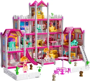 with Dolls$ Fashion Villa Toy$ Pretend Building Toy with Accessories$ Ages 3-8 TEMI impractical alkali spellbind error neoclassical slam Home Pink Girl DIY Room Kits 