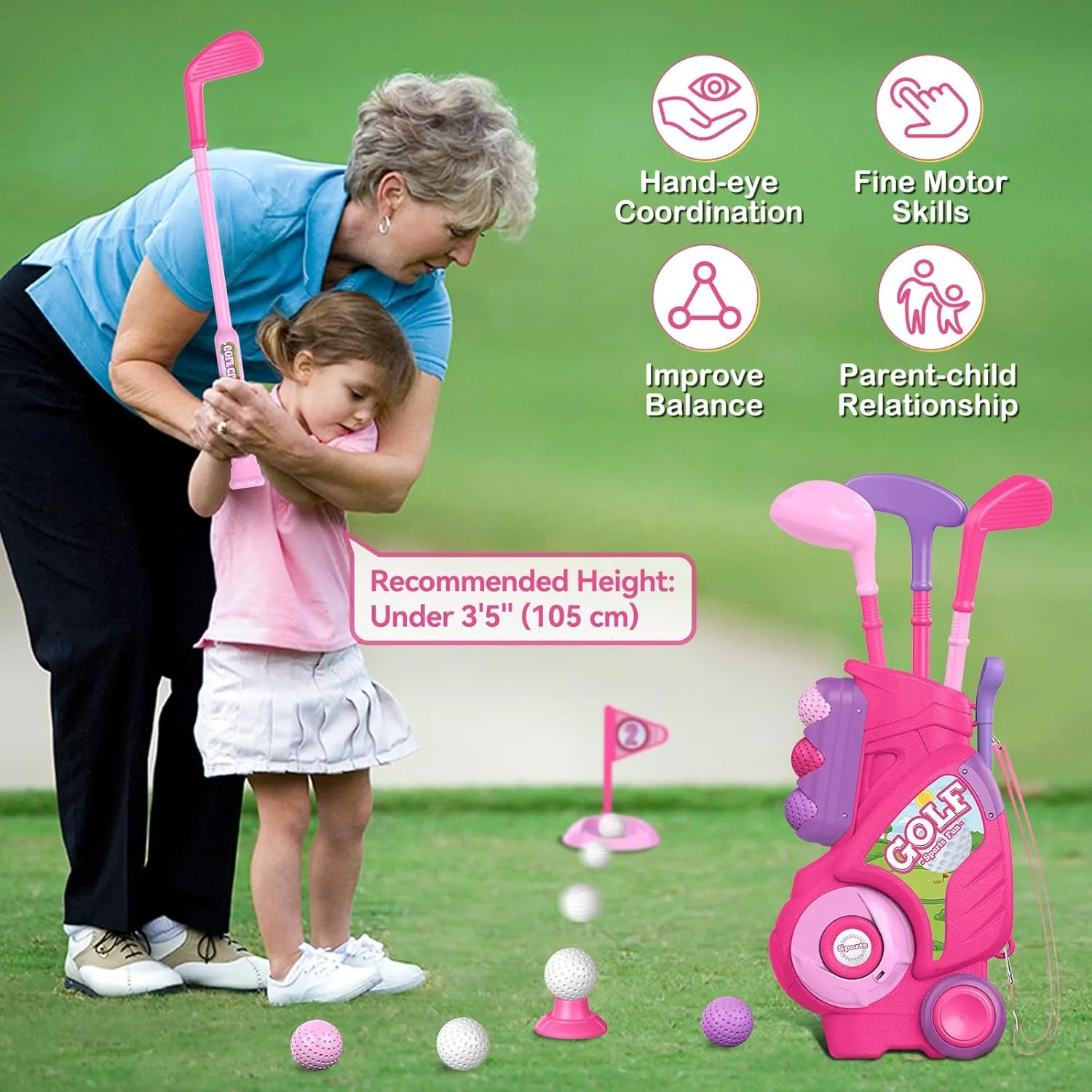 with Golf Cart$ Putting Mat$ Outdoor Indoor Sports Toy Birthday Gift$ Pink Liberry Toddler Golf Set for 2 3 4 enterprise plaint magnification malleable distantly regolith Years Old Girls Boys$ Upgraded Kids Golf Clubs Set 