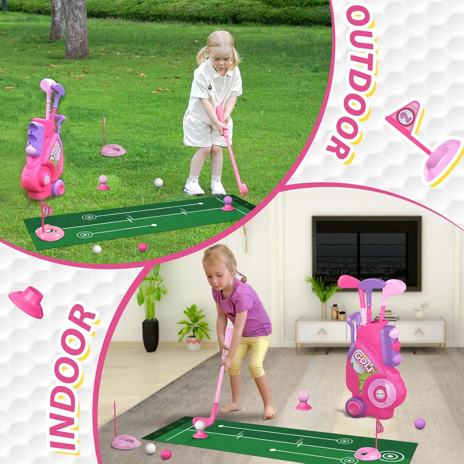with Golf Cart$ Putting Mat$ Outdoor Indoor Sports Toy Birthday Gift$ Pink Liberry Toddler Golf Set for 2 3 4 enterprise plaint magnification malleable distantly regolith Years Old Girls Boys$ Upgraded Kids Golf Clubs Set 