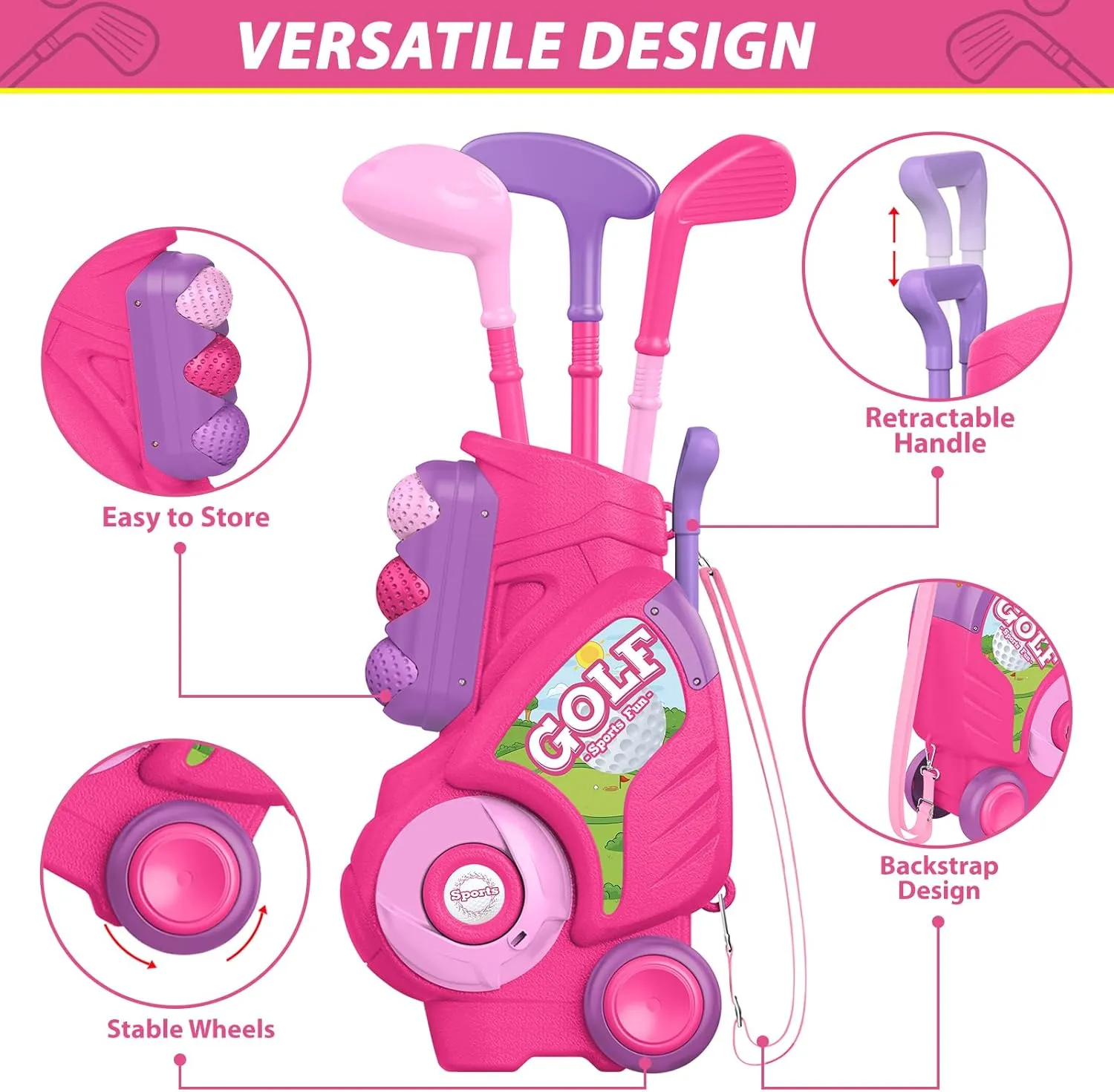 with Golf Cart$ Putting Mat$ Outdoor Indoor Sports Toy Birthday Gift$ Pink Liberry Toddler Golf Set for 2 3 4 enterprise plaint magnification malleable distantly regolith Years Old Girls Boys$ Upgraded Kids Golf Clubs Set 