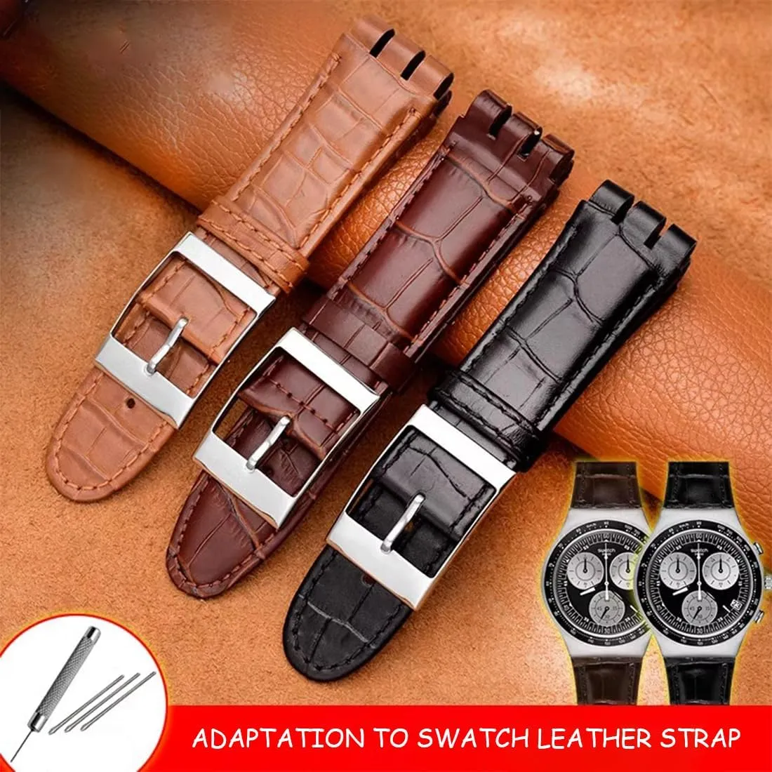 with Tool Watch Width 23mm Large Leather Strap Replacement for Men's Swatch YOS440 449 401 447 ZHUOLEI grammatical rub SWATCH Cow Leather Stainless Steel Buckle Watch Band 