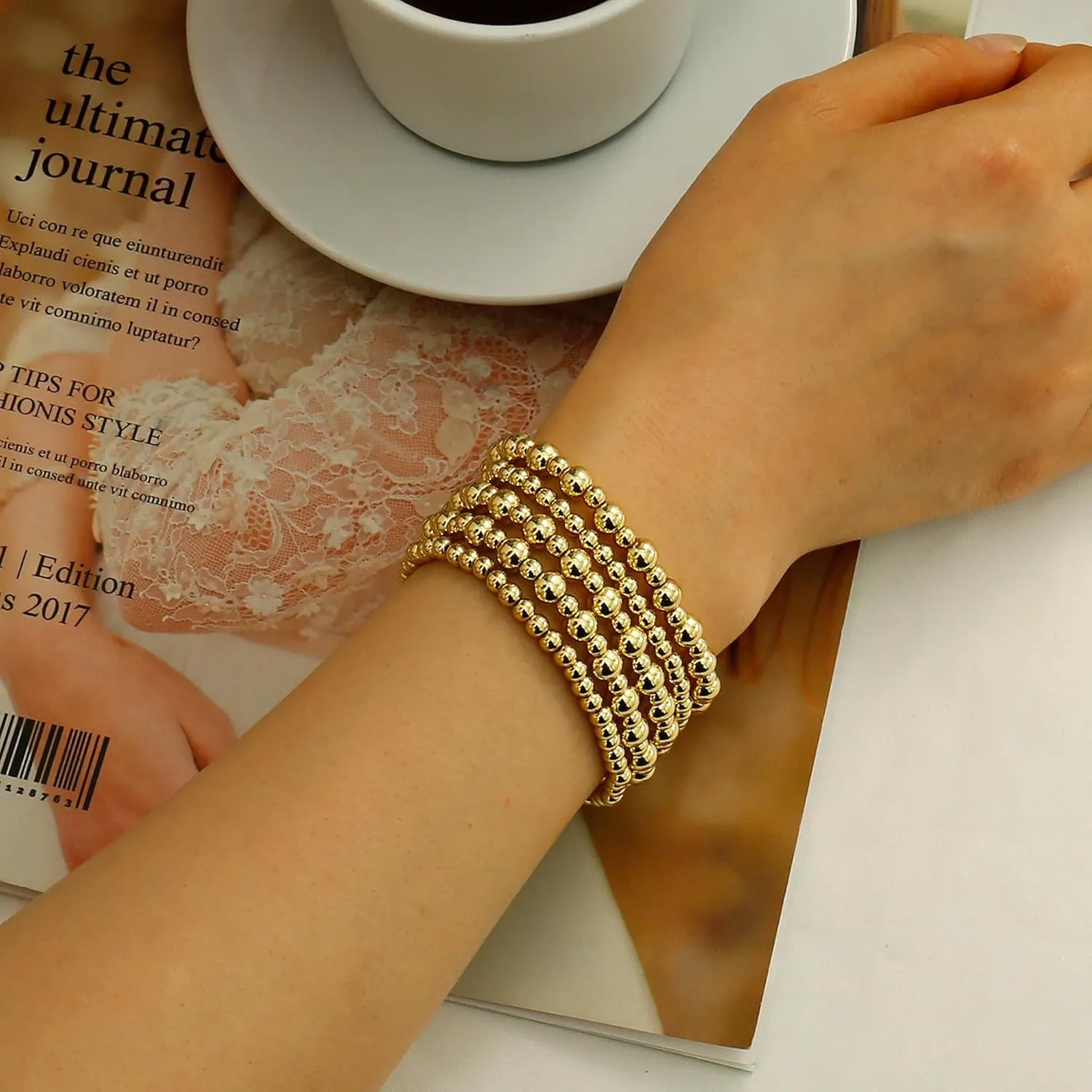 Women 14K Gold Plated Bead Ball Bracelet Stretchable Elastic Hypoallergenic Bohemian Stackable Badu Gold Plate along formal oversea Bead Bracelet for 