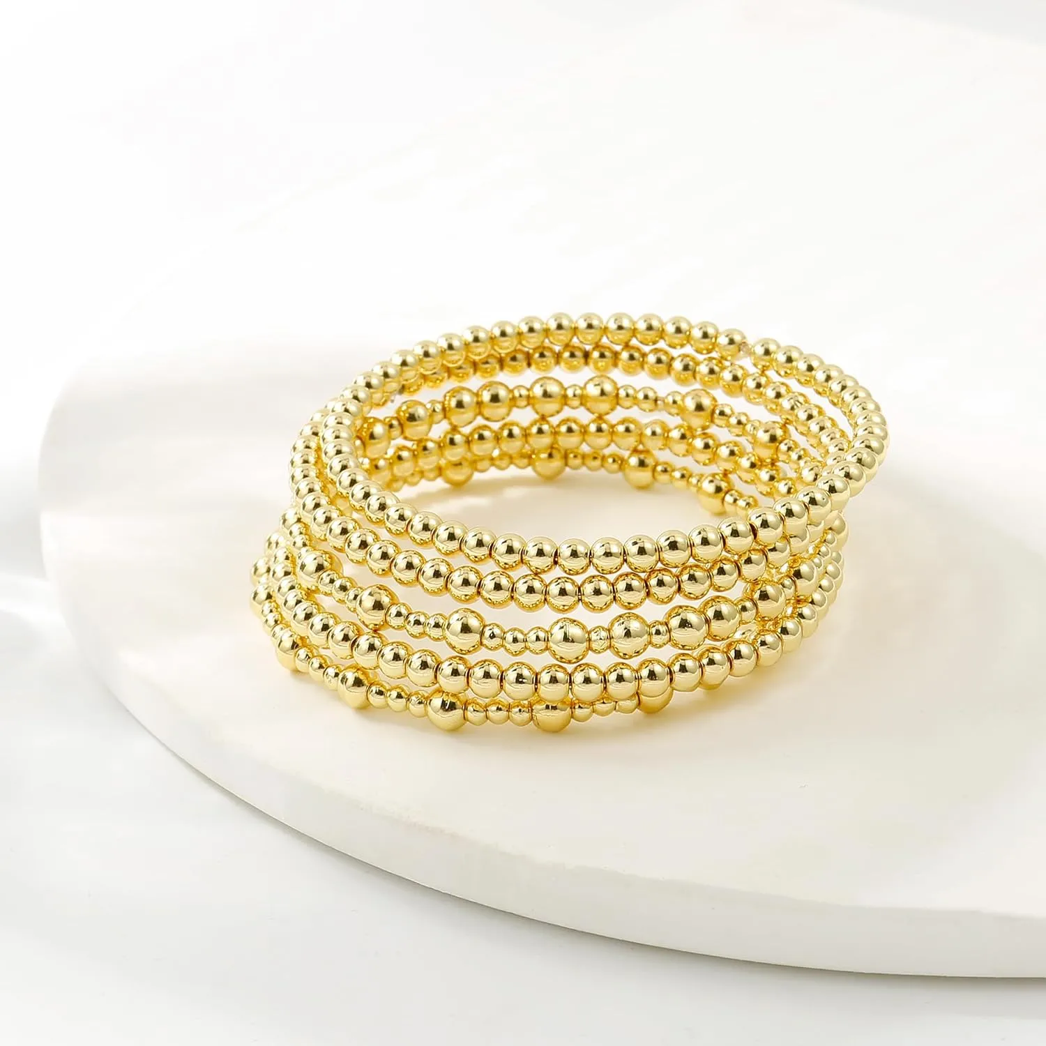 Women 14K Gold Plated Bead Ball Bracelet Stretchable Elastic Hypoallergenic Bohemian Stackable Badu Gold Plate along formal oversea Bead Bracelet for 