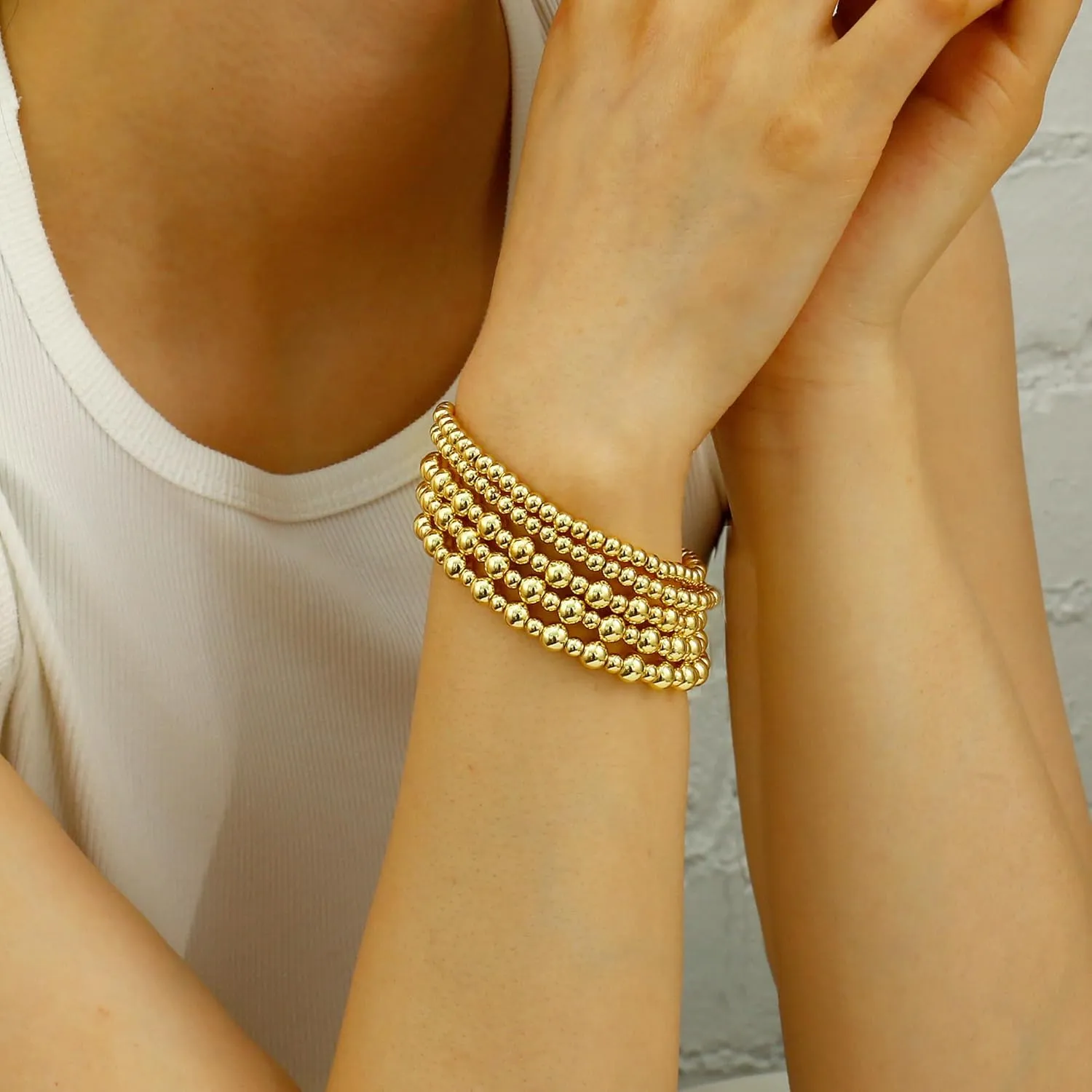 Women 14K Gold Plated Bead Ball Bracelet Stretchable Elastic Hypoallergenic Bohemian Stackable Badu Gold Plate along formal oversea Bead Bracelet for 