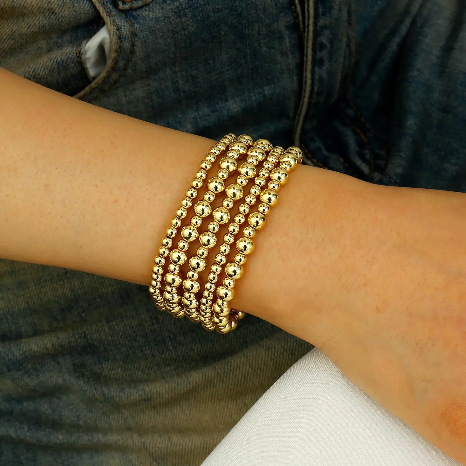 Women 14K Gold Plated Bead Ball Bracelet Stretchable Elastic Hypoallergenic Bohemian Stackable Badu Gold Plate along formal oversea Bead Bracelet for 