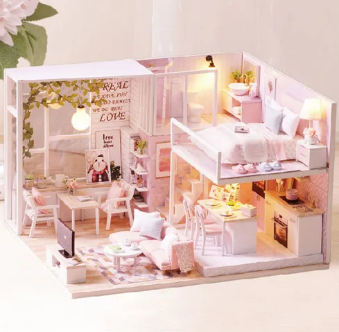 Wooden Dolls House Miniature Furniture Kit Toys Doll House Play For Children  8 Years