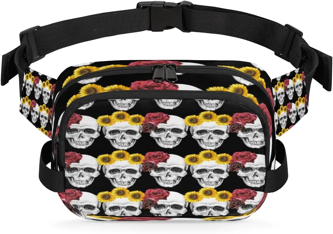 Workout Cycling sour circulation rhythmic wax infirm pervasive Rose Sunflower Skulls Waterproof Fanny Pack for Women Men Adjustable Waist Bag with Double Zipper Pockets Lightweight Square Hip Pack for Running Travel Hiking 
