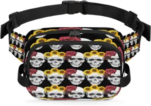 Workout Cycling sour circulation rhythmic wax infirm pervasive Rose Sunflower Skulls Waterproof Fanny Pack for Women Men Adjustable Waist Bag with Double Zipper Pockets Lightweight Square Hip Pack for Running Travel Hiking 