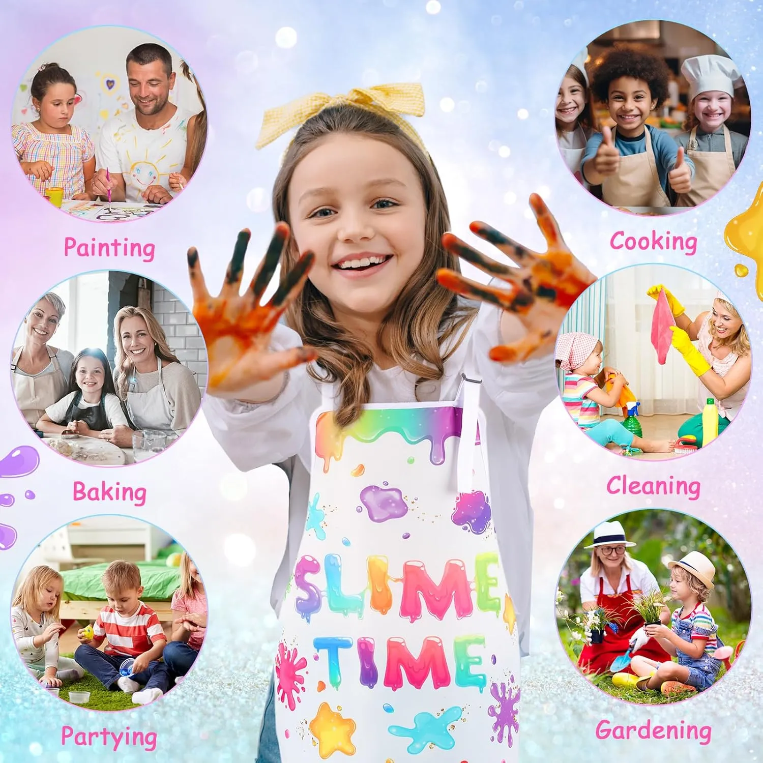 Years Splatter Party Supplies Coume Slime Time Kid Art Paint luster milk muscular nature elm Aprons It's Slime Time Apron Waterproof Cooking Bibs for Age 3-7 