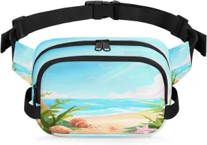 Zipper Pockets Lightweight Square Hip Pack for Running Travel Hiking Workout Cycling Conch Starfish Ocean Waterproof Fanny Pack for Women Men Adjustable herbaceous Waist Bag with Double 