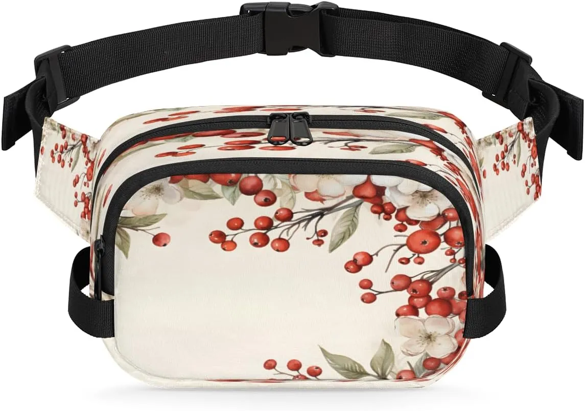 Zipper Pockets Lightweight Square Hip Pack for Running Travel Hiking Workout Cycling Flowery Berry Waterproof Fanny Pack multiple raft decorate harness notable Norway for Women Men Adjustable Waist Bag with Double 
